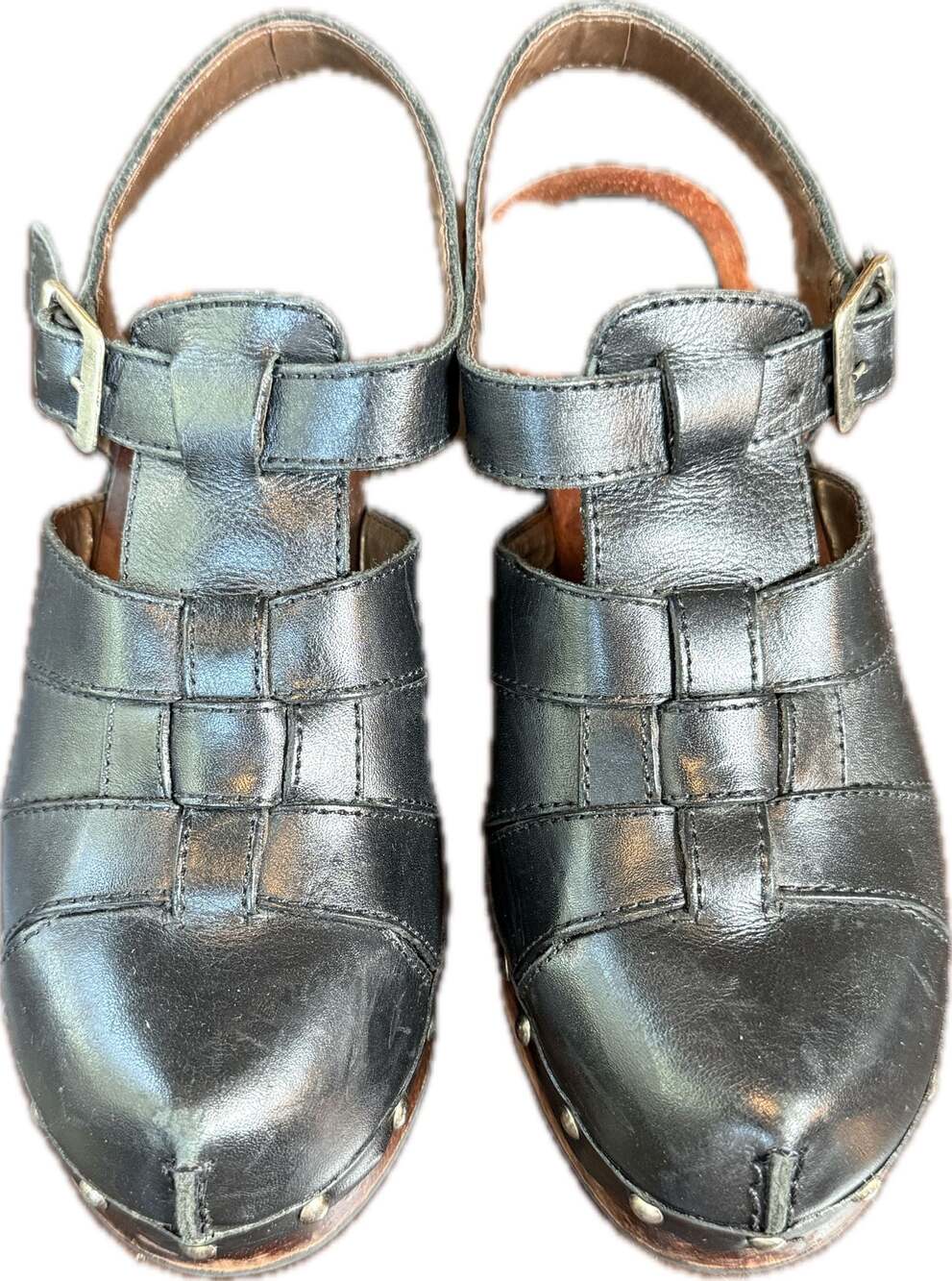 Rinaldi Black Leather Fisherman Slingback Wooden Clog Sandals, Size 35 (4.5-5)